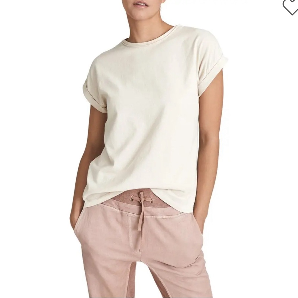 Reiss Tereza Cotton Roll Tshirt Cream Rolled Sleeves Large